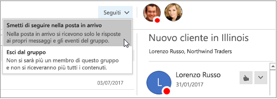 Pulsante Sottoscrivi nell'intestazione di gruppo in Outlook 2016