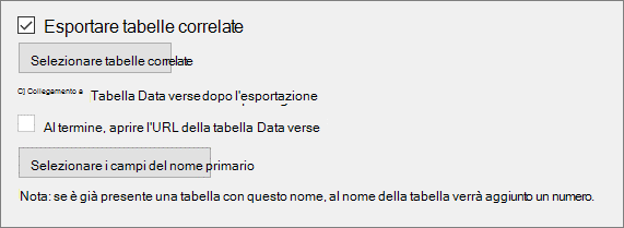 Caselle di controllo per selezionare informazioni sul collegamento di tabelle e sulla selezione automatica di tabelle correlate