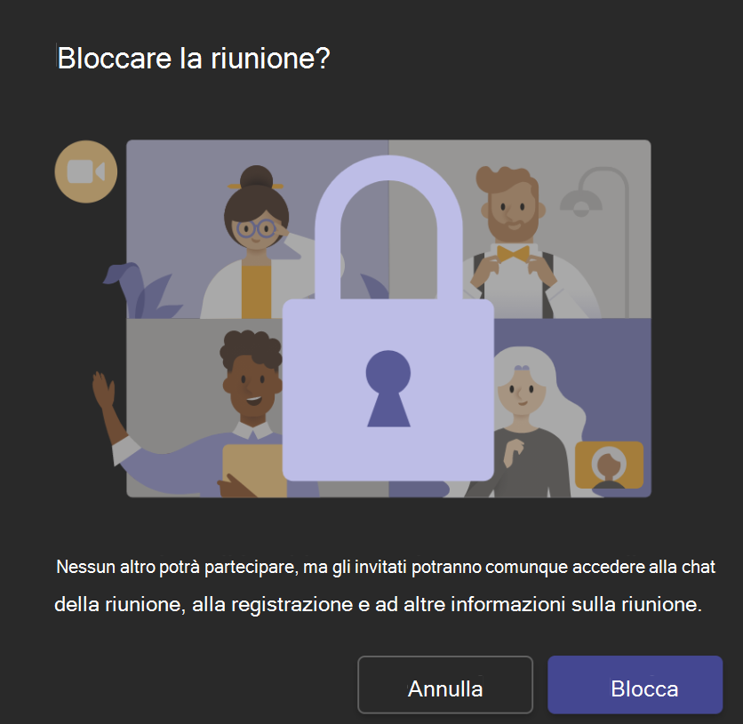 Immagine che mostra la schermata di blocco della riunione con il pulsante "Blocca" nella parte inferiore.