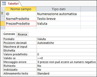 Regola di convalida campo in Progettazione tabelle di Access