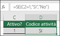 La cella D2 contiene la formula =SE(C2=1;"SÌ";"NO")