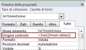 Espressione nella proprietà Origine controllo di una casella di testo