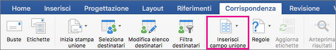 Nella scheda Lettere, l'opzione Inserisci campo unione è evidenziato