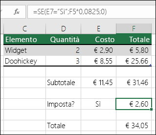 La formula nella cella F7 è SE(E7="Sì";F5*0,0825;0)