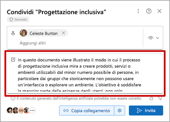 Screenshot del risultato di Copilot in Word AI-Generated Summary durante la condivisione di un file