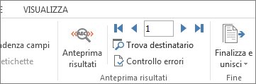 Screenshot della scheda Lettere di Word, con il gruppo Anteprima risultati.