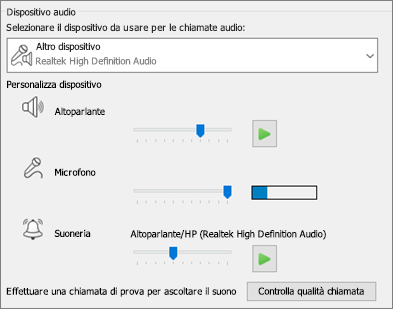 Impostazioni personalizzate (altoparlante, microfono, suoneria) per il dispositivo audio