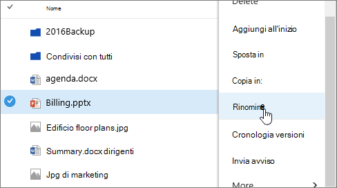 Menu Dei puntini di sospensione con l'opzione Rinomina evidenziata