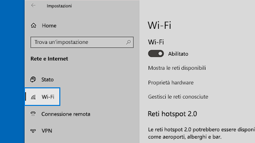 Icona e Wi-Fi devono essere presenti nell'elenco Rete & Internet