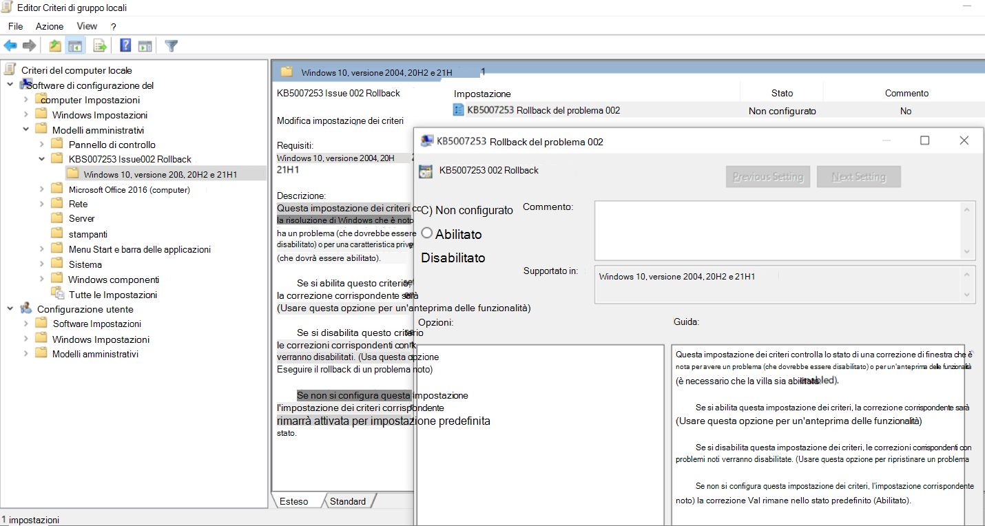 Rollback KB5007253 dell'Editor Criteri di gruppo locali