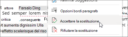 Fare clic con il pulsante destro del mouse per accettare o rifiutare una modifica.