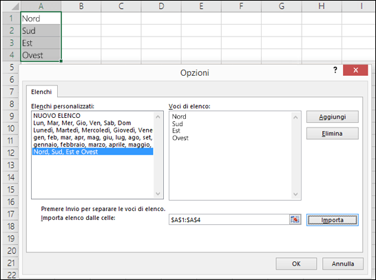 Finestra di dialogo Elenchi personalizzati da File > Opzioni > Impostazioni avanzate > Generale > Modifica elenchi personalizzati. Per Excel 2007 fare clic sul pulsante Office > Opzioni di Excel > Impostazioni generali > Modifica elenchi personalizzati.