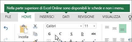 Schede Home, Inserisci, Dati e Visualizza in Excel sul Web