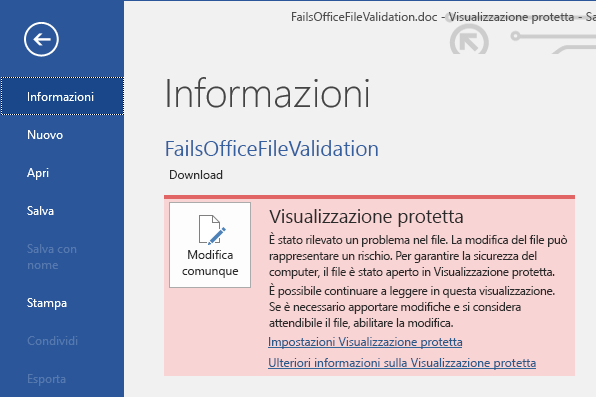 Visualizzazione Backstage dell'errore di convalida dei file di Office in Visualizzazione protetta