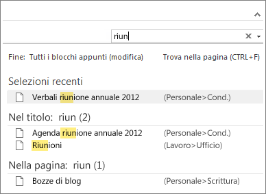 Usare la funzionalità di ricerca per cercare note in qualsiasi punto di OneNote.