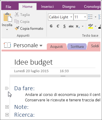 Screenshot che illustra come comprimere una struttura in OneNote 2016.