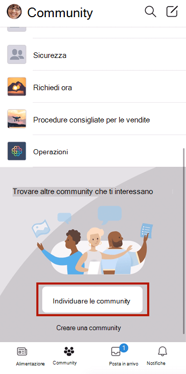 Screenshot che mostra come trovare le community di Yammer in un dispositivo mobile con una selezione