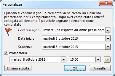 Finestra di dialogo Personalizza per l'impostazione di promemoria, date di inizio e scadenze