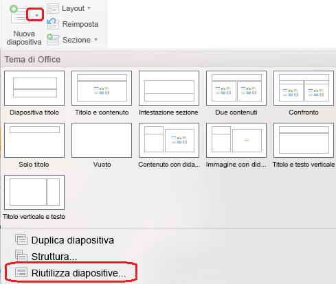 Il menu Nuova diapositiva include il comando Riutilizza diapositive.