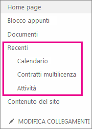 Il collegamento Recenti nella barra di avvio veloce visualizza le pagine, le raccolte e gli elenchi creati recentemente