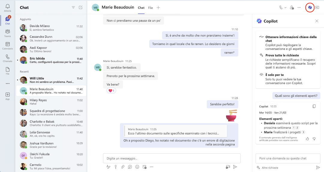 Visualizzazione di Copilot in una chat di Teams