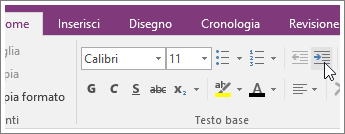 Screenshot del pulsante Aumenta rientro in OneNote 2016.