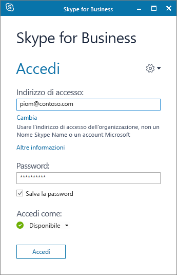 Screenshot della schermata di accesso a Skype for Business.