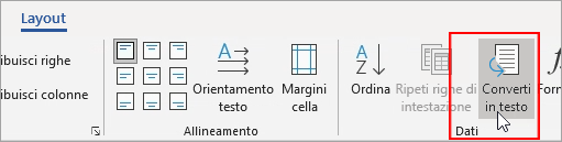 L’opzione Converti in testo è evidenziata nella scheda Layout.