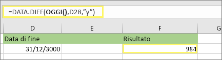 =DATEDIF(TODAY(),D28,"y") e risultato: 984