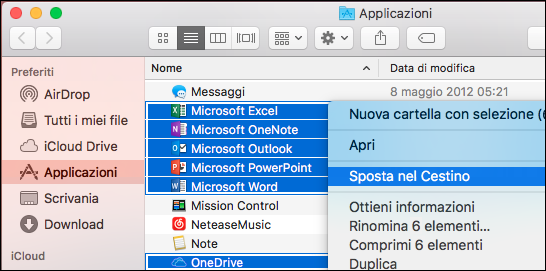 Spostare le app di Office nel Cestino