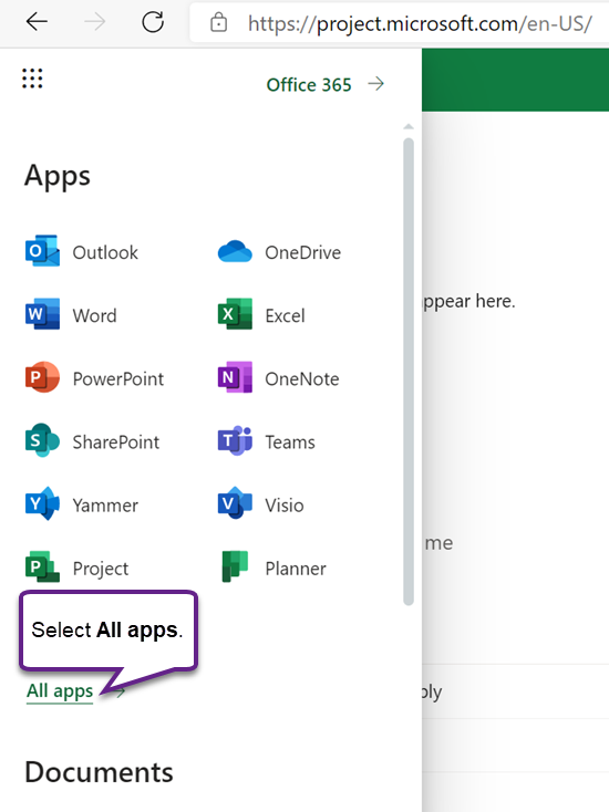 Il menu delle app di Office