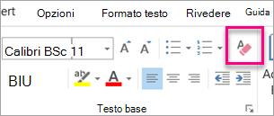 Icona Cancella tutta la formattazione evidenziata nella scheda Messaggio