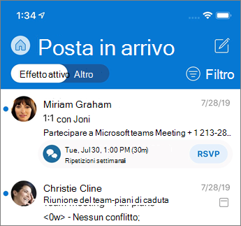 Posta in arrivo evidenziata in Outlook Mobile