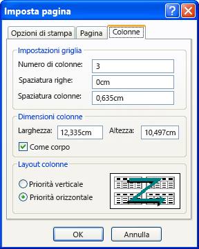 Scheda Colonne della finestra di dialogo Imposta pagina