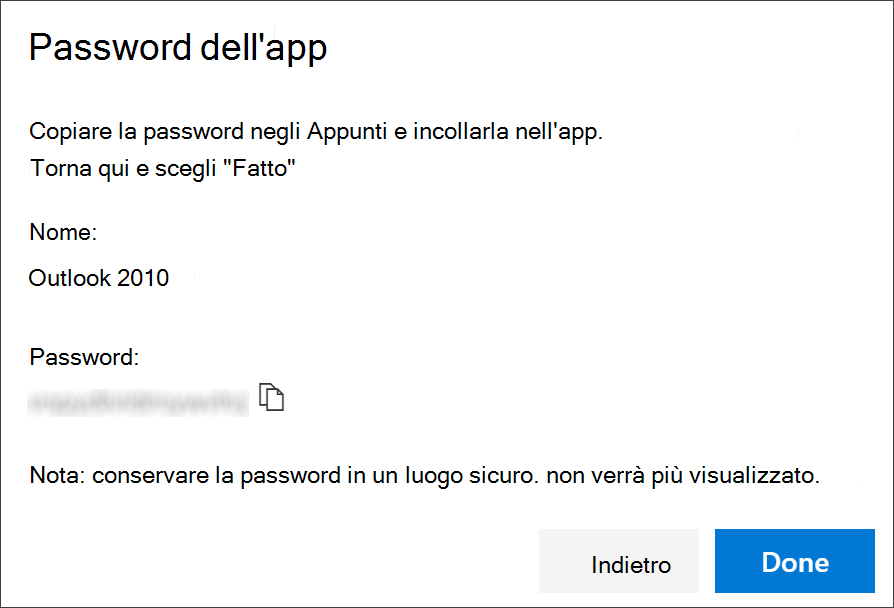 Pagina della password dell'app, con il nome dell'app