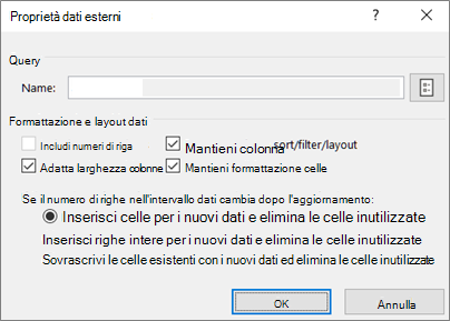 Esempio della finestra di dialogo Proprietà intervallo esterno