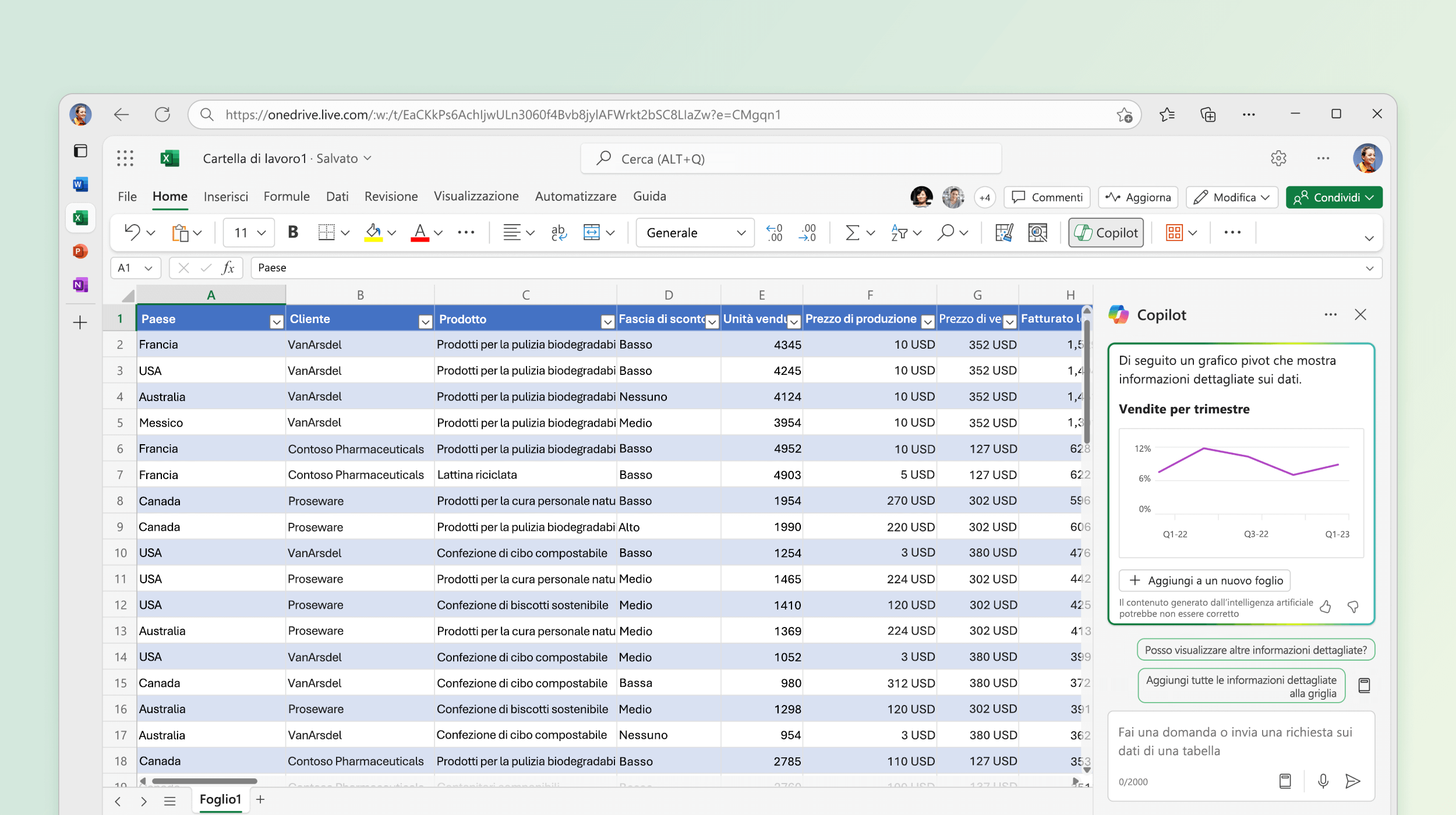 Screenshot che mostra Copilot in Excel che identifica le informazioni dettagliate dai dati esistenti.