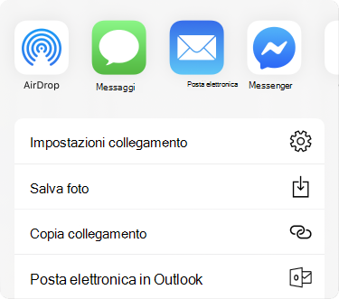 Menu Condividi con le app in alto e un elenco di opzioni di condivisione al di sotto.