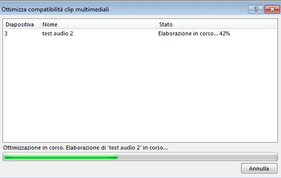 Finestra di dialogo Ottimizza compatibilità clip multimediali che mostra lo stato di elaborazione dell'ottimizzazione