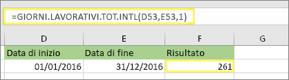 =NETWORKDAYS.INTL(D53,E53,1) e risultato: 261