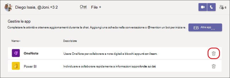 disinstallare un'app da una chat