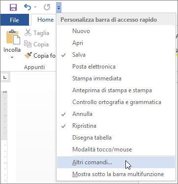 Selezione di altri comandi per la barra di accesso rapido