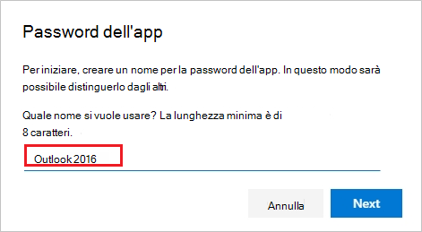 Pagina Crea password dell'app con il nome della password dell'app