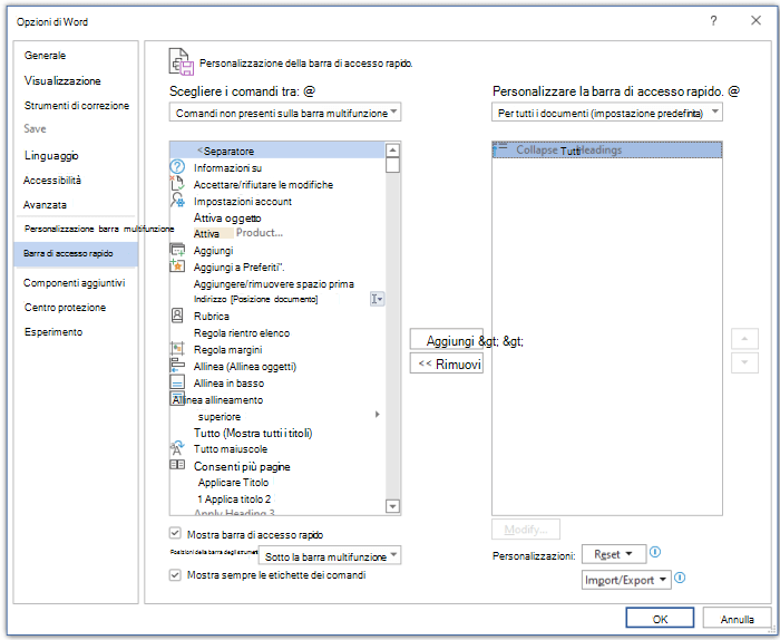 Finestra di dialogo Opzioni di Word con la scheda Barra di accesso rapido selezionata