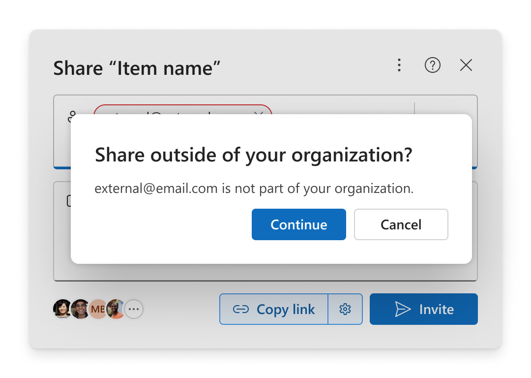 Viene visualizzato un messaggio di conferma quando si aggiunge un utente esterno all'organizzazione con cui condividere un elemento