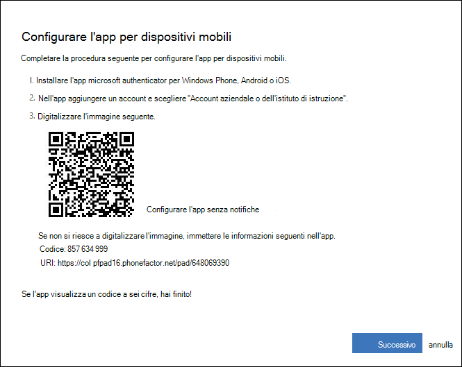 Schermata che fornisce il codice A/QR