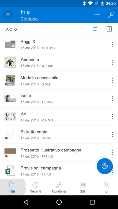 Screenshot dell'app per dispositivi mobili OneDrive con il pulsante File evidenziato