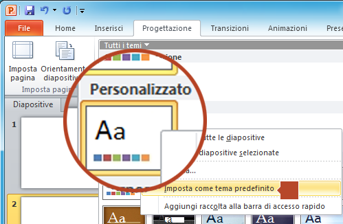 Fare clic con il pulsante destro del mouse sul nuovo tema elencato sotto l'intestazione "Personalizzato" e quindi scegliere "Imposta come tema predefinito".