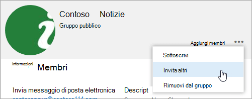 Screenshot del pulsante invita altri nella scheda gruppo.