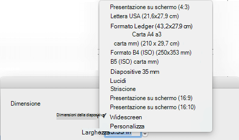 Sono disponibili diverse opzioni predefinite per le dimensioni delle diapositive nella finestra di dialogo Imposta pagina